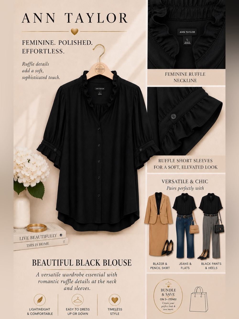 Ann Taylor Black Ruffle-Neck Blouse With Short Ruffle Sleeve Detail | Size Large